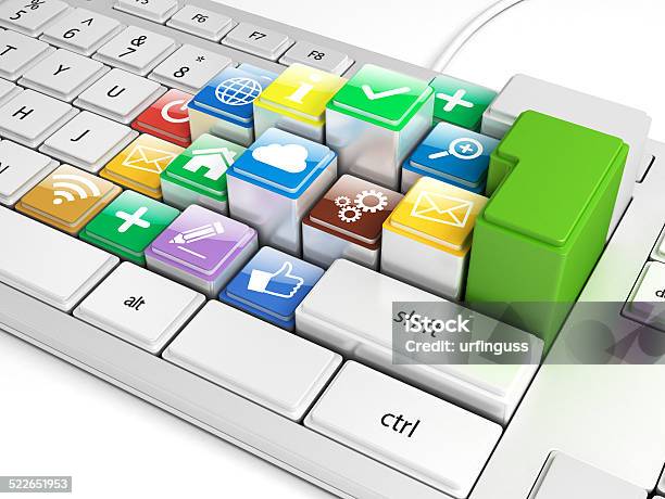 Buttons On A Keyboard With Social Media Icons Stock Photo - Download Image Now - Backgrounds, Black Color, Blue