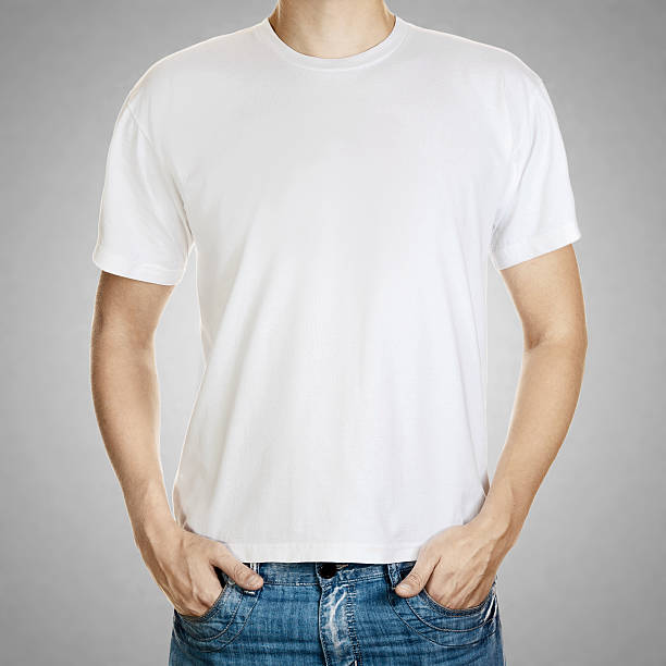 istock White t-shirt on a young man template. gray background 522670451