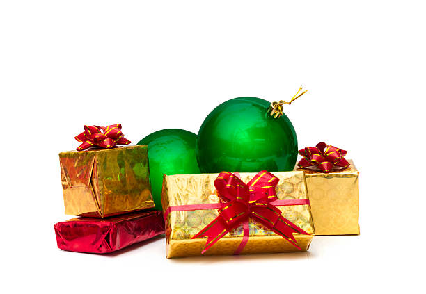 istock gold gift boxes with  Christmas balls 522672411