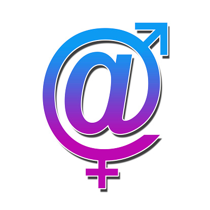 At symbol in pink and blue with male female symbols.
