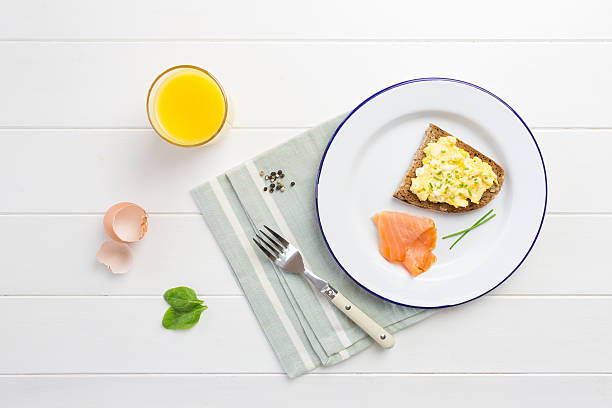 istock Top view of healthy breakfast with scrambled eggs on toast 522691053