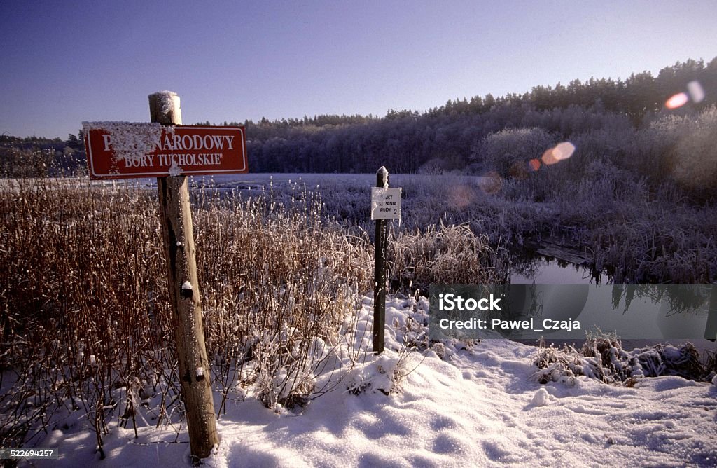 National Park of coniferous forest in winter National park "Bory Tucholskie" located in North of Poland in winter. Ther are two sings. One is "National Park of Bory tucholskie" (bory=coniferous forest). Second is "Point of pumping water" for the firefighters. Arctic Stock Photo