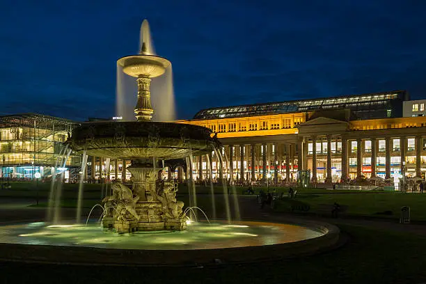 Fountain on square Schlossplatz in center of Stuttgart, Germany