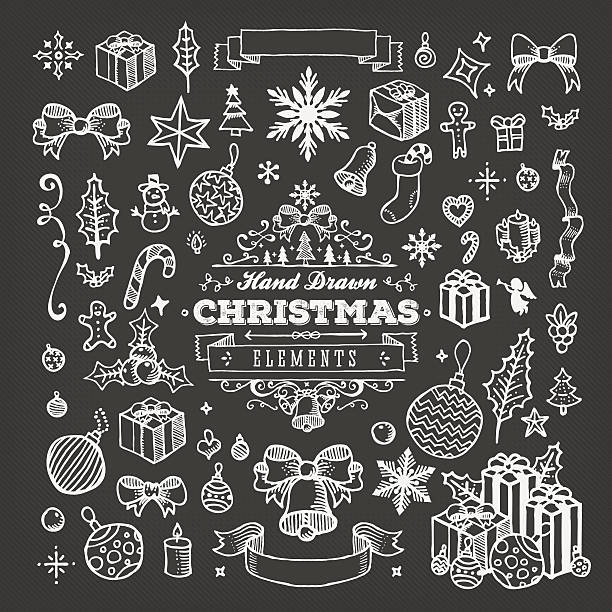 ilustrações, clipart, desenhos animados e ícones de elementos desenhados à mão quadro de natal - christmas season christmas tree nostalgia