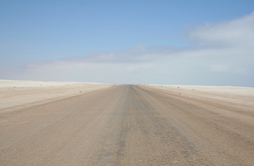 Salt road  in the Southern part of the Skeleton Coast at the Atlantic Ocean in Namibia. The southern landscape is dominated by gravel plains and the northern area by big sand dunes. The name Skeleton Coast comes from the skeletons and bones of seals, whales and humans, which are found at the coastline. Also more than 1000 shipwrecks are found at the coast an beaches.