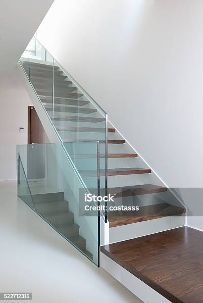 Wooden Stairs With Glass Balustrade Stock Photo - Download Image Now - Glass - Material, Staircase, Balustrade