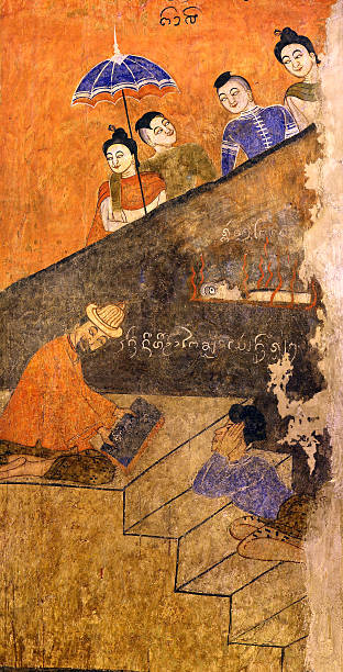 istock Ancient Buddhist temple mural depicting a Thai daily life scene 522716659