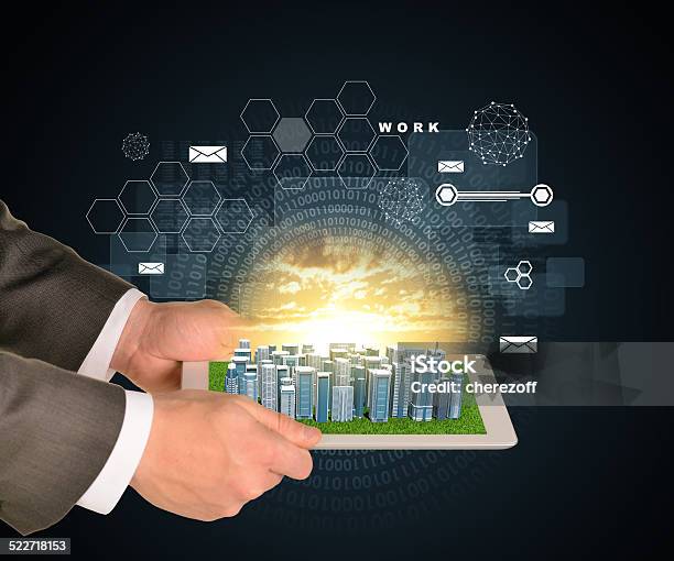 Man Hands Using Tablet Pc Business City On Touch Screen Stock Photo - Download Image Now