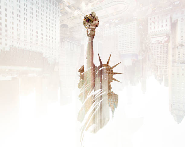 Double exposure of the statue of liberty and new york buildings