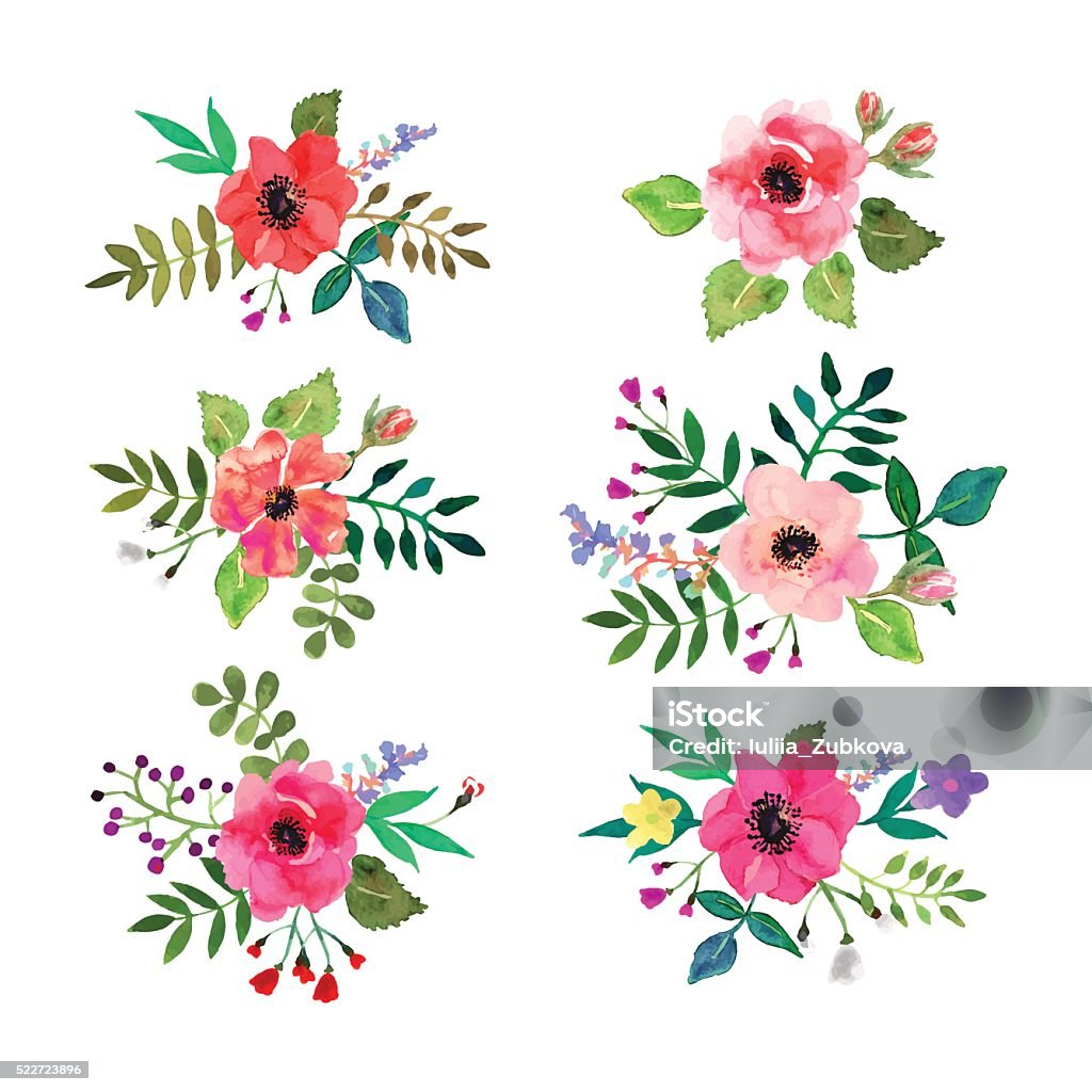 Vektor Blumen. Blumen Kollektion mit Aquarell Blätter und Blumen. - Lizenzfrei Blume Vektorgrafik
