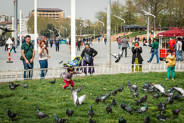 Turkish family at Taksim square in Istanbul, Turkey Istanbul, Turkey - April 08, 2016: Family spending their free time at Taksim square in Istanbul, Turkey pigeon family stock pictures, royalty-free photos & images