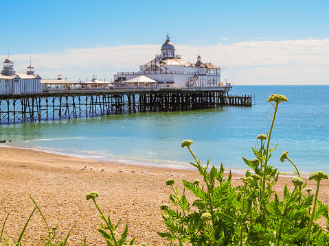 Eastbourne's pier and beach at English Channel. Eastbourne, East Sussex, England