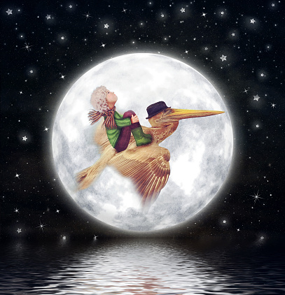 The little boy and brown pelican fly  against the full moon in night sky ,  illustration art