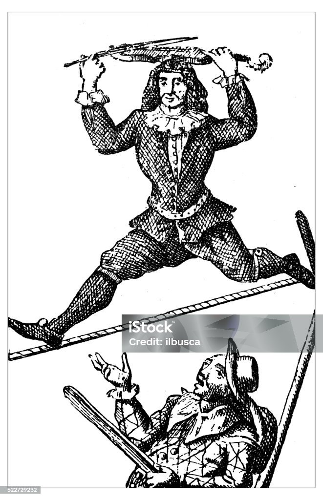 Antique illustration of 18th century acrobat on the tightope (Slacklining) Antique illustration of a 18th century French acrobat performing during a show or training a tightrope-walking exercise (Slacklining) as a part of the show with Harlequin (the man under the rope with the patched costume and the club). The acrobat walks on the rope while playing the violin  Circus stock illustration