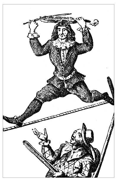 Antique illustration of 18th century acrobat on the tightope (Slacklining) Antique illustration of a 18th century French acrobat performing during a show or training a tightrope-walking exercise (Slacklining) as a part of the show with Harlequin (the man under the rope with the patched costume and the club). The acrobat walks on the rope while playing the violin  circus clown carnival harlequin stock illustrations