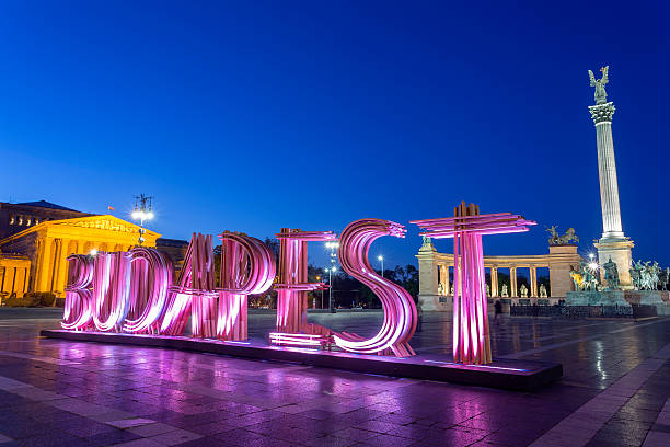 Hero's Square in Budapest at night stock photo