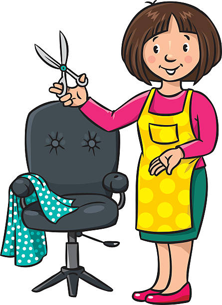 Funny hairdresser or barber. Profession ABC series Children vector illustration of funny woman hairdresser with scissors near the barber chair. Profession ABC series. human hair comb combing cartoon stock illustrations