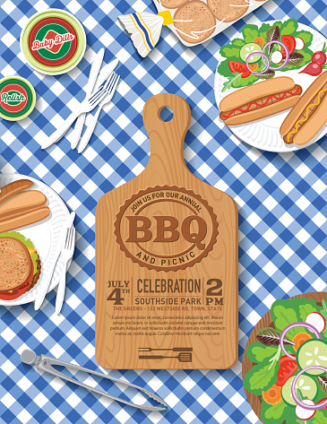 Invitation template. Aerial view of a picnic bbq meal on a checkered tablecloth. There are many foods including hotdogs and hamburgers, salad and more. There are paper plates and plastic utensils. There is a plain cutting board with text about the event.