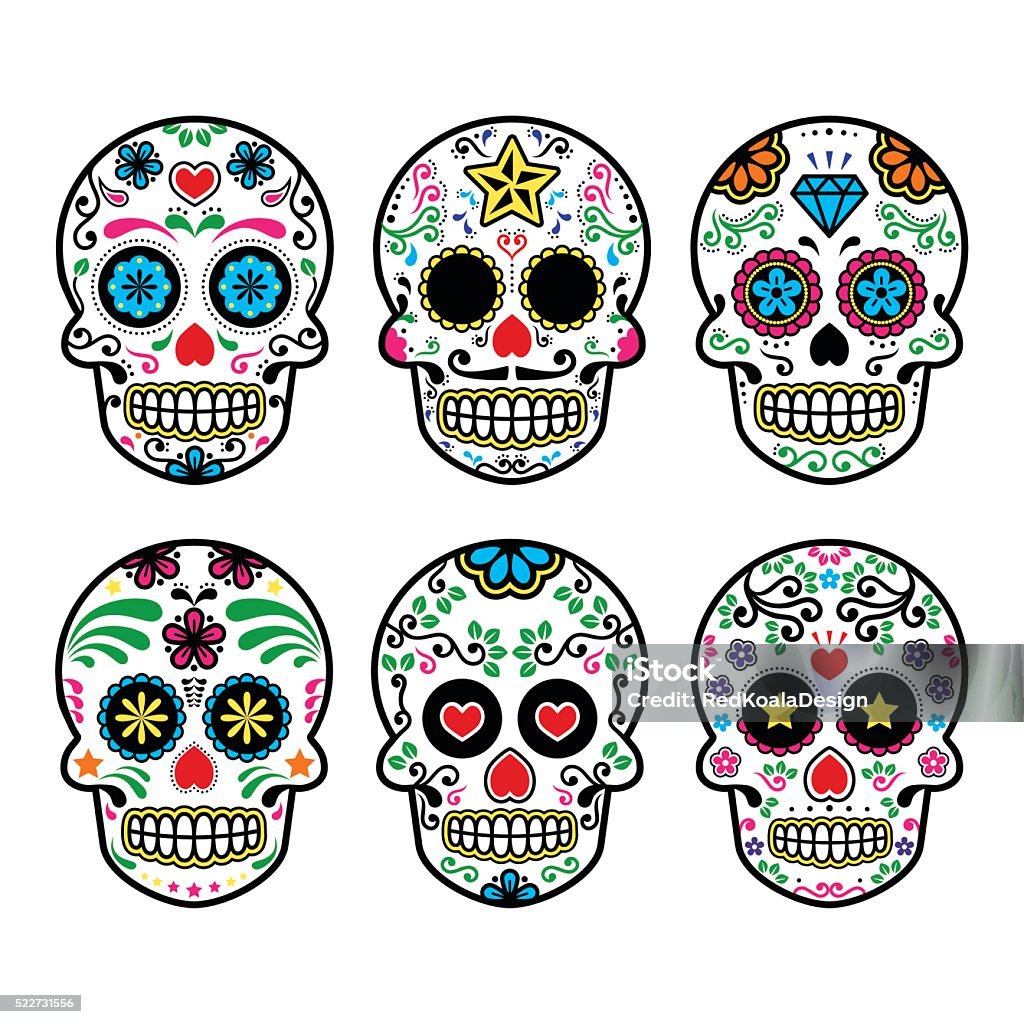 Mexican sugar skull, Day of the Dead icons Vector icon set of decorated skull - tradition in Mexico, colorful icons isolated Candy stock vector