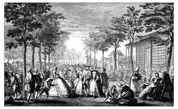 Antique illustration of 18th century promenade (Parisian boulevard) Antique illustration of 18th century people walking along a Parisian boulevard, from an engraving  by the 18th century French engraver Augustin de Saint-Aubin depicting the promenade of French people "aux remparts de Paris", the city walls (the urban area with the fortifications). On the right there are houses and buildings with outdoor table with café and tavern customers sitting, in the middle the crowded promenade for pedestrians and on the left the carriageway with carriages 18th century style stock illustrations