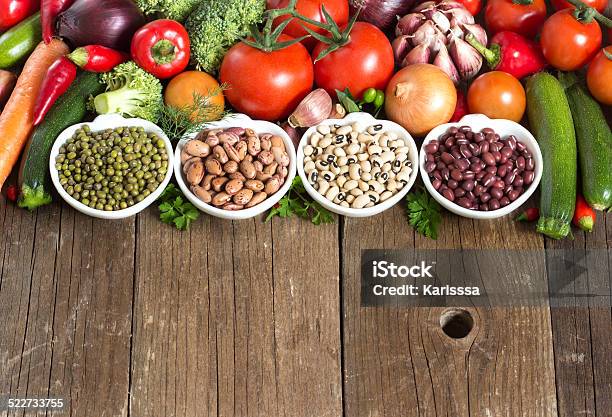 Legumes In Bowls And Vegetables Stock Photo - Download Image Now - Adzuki Bean, Bean, Black-Eyed Pea