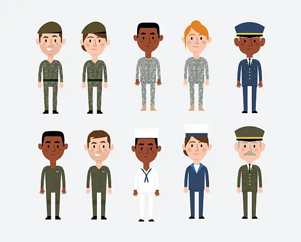 Vector illustration of Character Illustrations Depicting Military Occupations