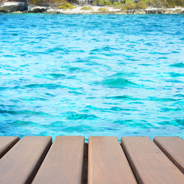 istock wood terrace on the beach and sun light 522734125