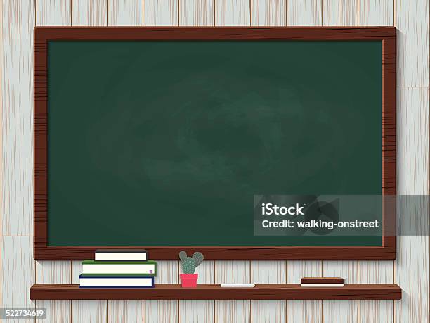 Blank Blackboard With Chalks And Eraser On Wood Background Stock Illustration - Download Image Now