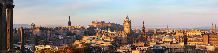 A panorama of Edinburgh in the early morning light at sunrise