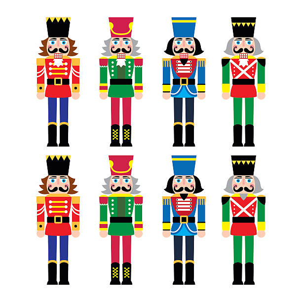 illustrazioni stock, clip art, cartoni animati e icone di tendenza di natale schiaccianoci-soldato statuetta icone impostare - nutcracker