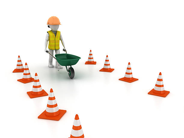 istock Worker Character with Wheelbarrow and Traffic Cones on White Background 522737694