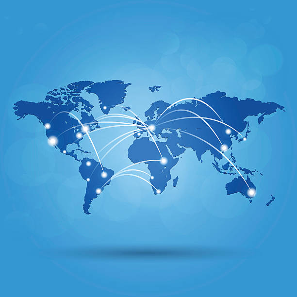 World map with white lights connected on blue marine background vector art illustration