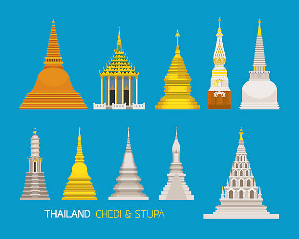 ilustrações, clipart, desenhos animados e ícones de tailândia budista pagodes conjunto de objetos - stupa