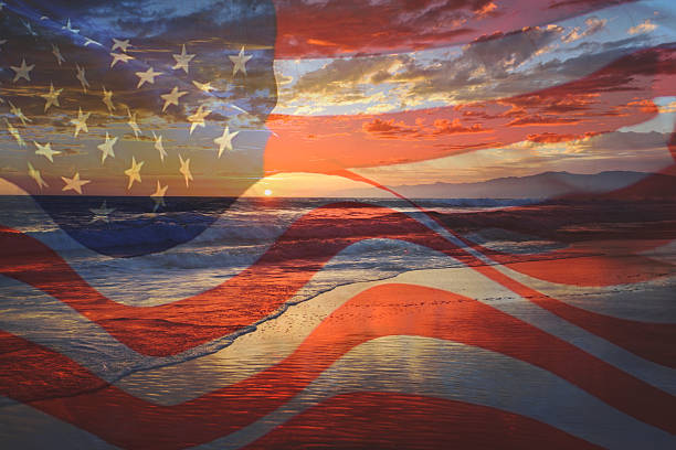 Cтоковое фото США флаг на закате