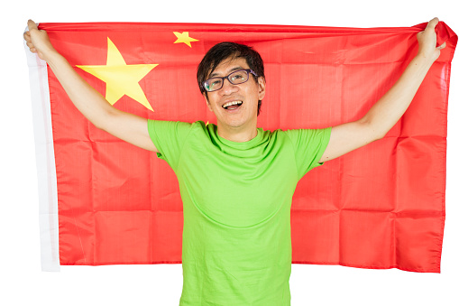 Asian Chinese Man Holding China Flag in isolated White Background