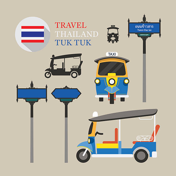 Thailand Tuk Tuk and Side-Street Sign Set Thailand Taxi, Front and Side View khao san road stock illustrations