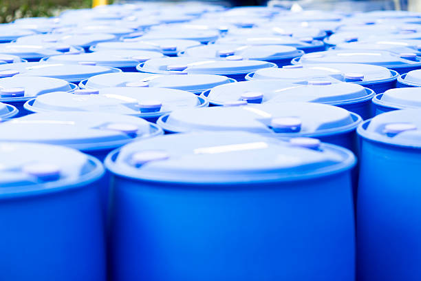 Blue Barrels Chemical Plant, Plastic Storage Drums, Blue Barrels drum container stock pictures, royalty-free photos & images