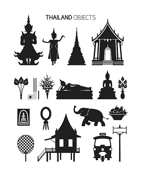 ilustraciones, imágenes clip art, dibujos animados e iconos de stock de tailandia cultura objetos, silueta conjunto - thailand