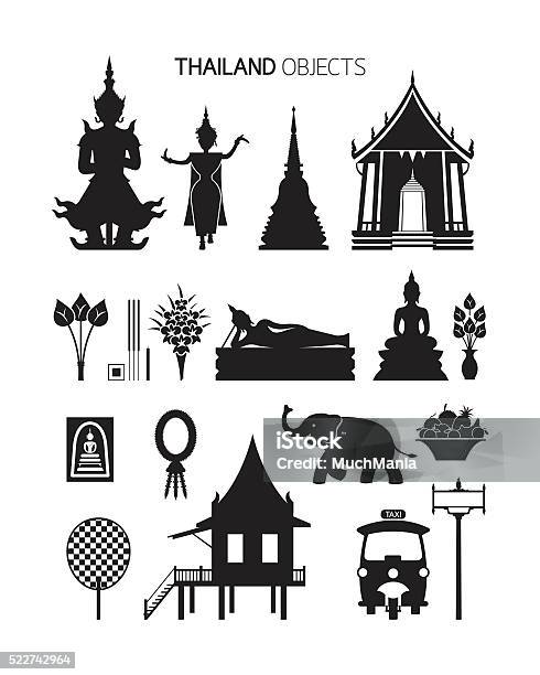Thailand Culture Objects Silhouette Set Stock Illustration - Download Image Now - Thailand, Icon Symbol, Thai Culture