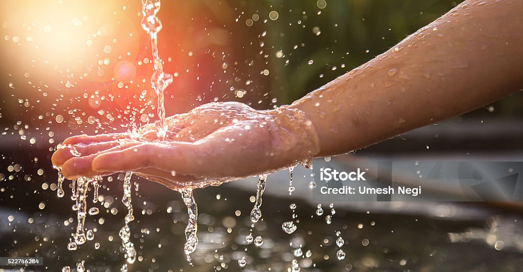 Hands with water splash Hands with water splash, backlit by the evening sun. Water Stock Photo