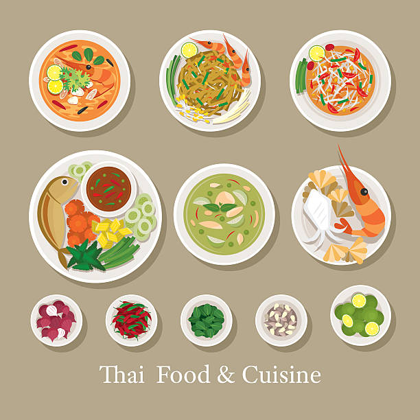 Thai Food and Ingredients Set Traditional, Famous Menu pad thai stock illustrations