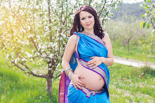 Pregnant Woman In Indian Sari Dress Stock Photo - Download Image Now -  Nature, Pregnant, Adult - iStock