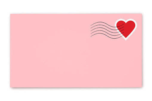 Pink love letter envelope with red heart shaped stamp and postmark isolated on white (excluding the shadow)