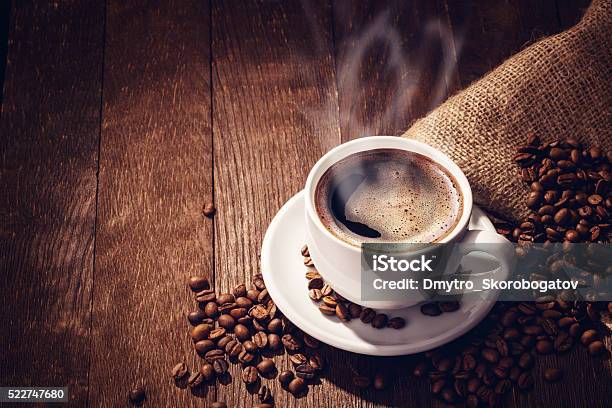 Cup Coffee Beans Wooden Stock Photo - Download Image Now - Cafe, Coffee - Drink, Coffee Crop