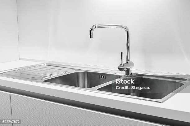 Double Bowl Stainless Steel Kitchen Sink Stock Photo - Download Image Now - Sink, Stainless Steel, Kitchen