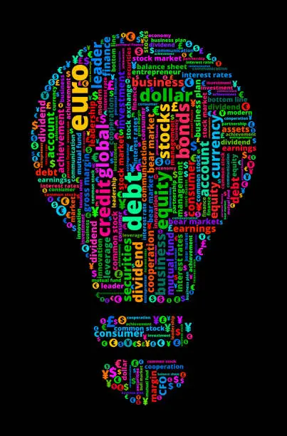 Vector illustration of Light Bulb on Business and Finance Word Cloud