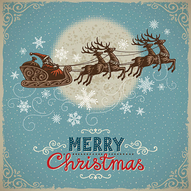 Vintage Christmas Background with Santa and Reindeers vector art illustration