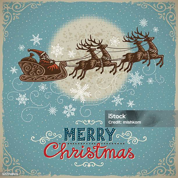 Vintage Christmas Background With Santa And Reindeers Stock Illustration - Download Image Now