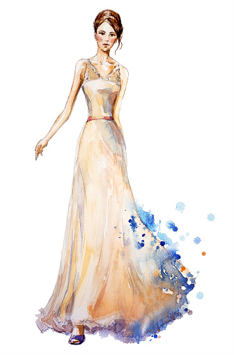 Watercolor fashion illustration, Beautiful young girl in a long dress. Wedding dress