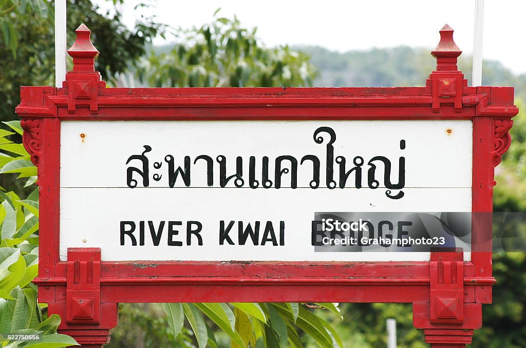 River Kwai River Kwai Bridge sign at the adjacent railway station, Kanchanaburi, Thailand. Kanchanaburi Province Stock Photo